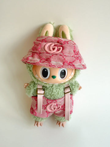 Labubu Pink Monogram Bucket Hat & Overalls Set - GG Inspired