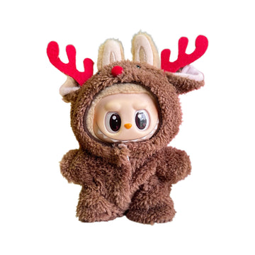 Labubu Doll Clothes Christmas Reindeer Onesie with Antlers and Red Nose Winter Costume