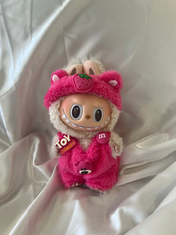 Labubu Berry Bear Outfit Set - Pink Fluffy Onesie & Strawberry Hood