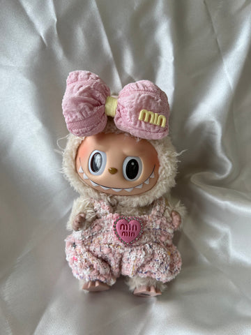 Labubu Sweet Tweed Set - Pink Overalls & Matching Bow Accessory