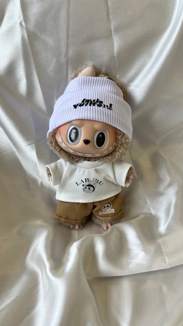 Labubu L.V. Inspired Casual Streetwear Set - White Beanie and Khaki Shorts