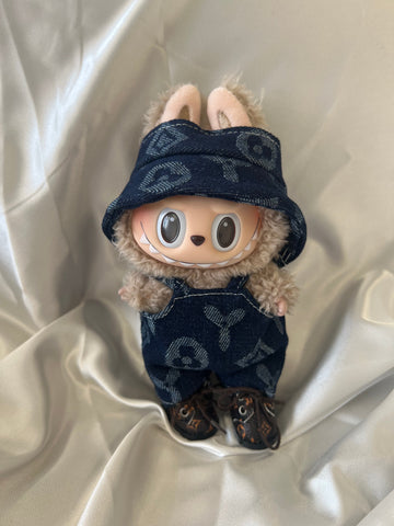 Labubu L.V. Inspired Navy Monogram Denim Set - Overalls & Fisherman Hat