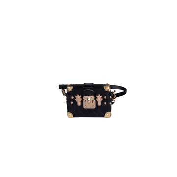 Labubu L.V. Inspired Mini Trunk Crossbody Bag - Black with Gold Accents