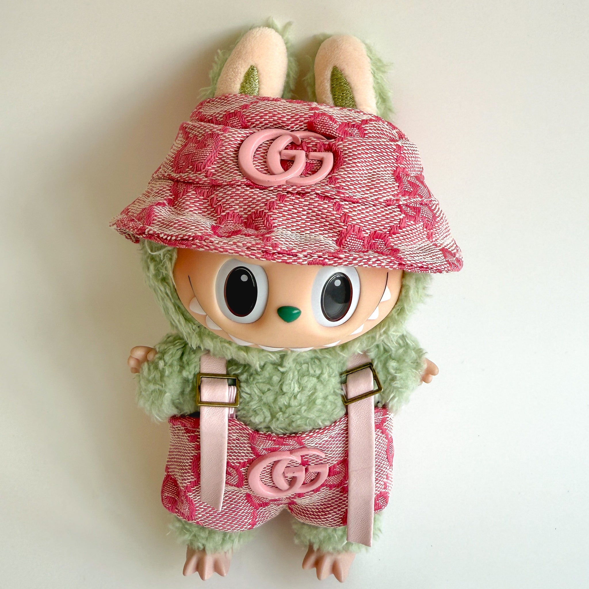 Labubu Pink Monogram Bucket Hat & Overalls Set - GG Inspired