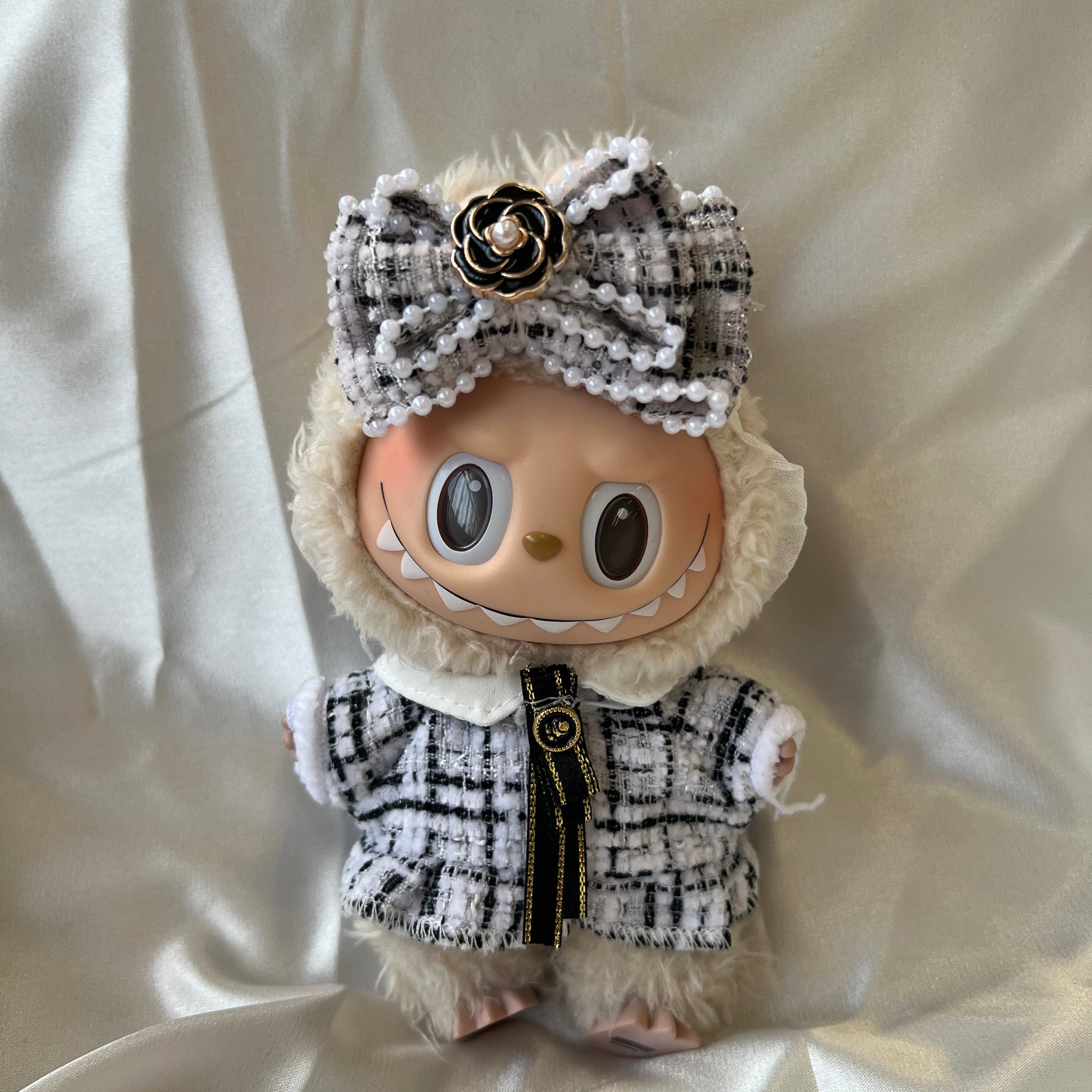 Labubu Designer Tweed Outfit Set - Elegant Black & White with Bow & Brooch
