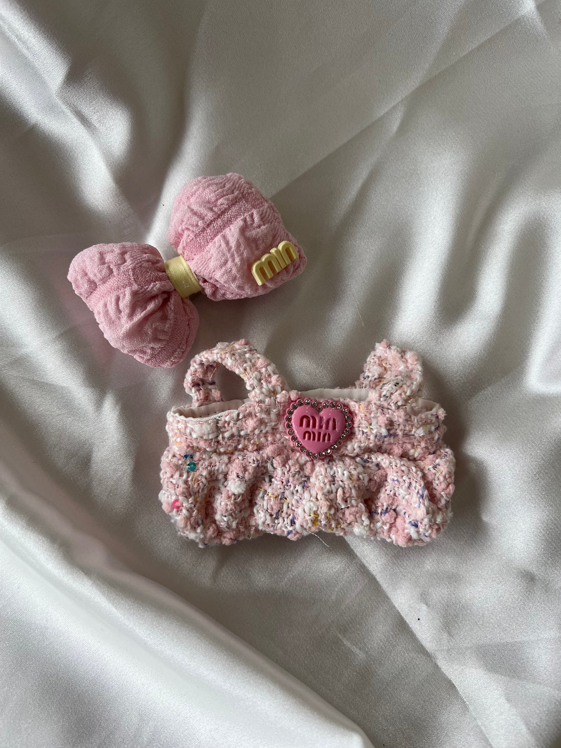 Labubu Sweet Tweed Set - Pink Overalls & Matching Bow Accessory