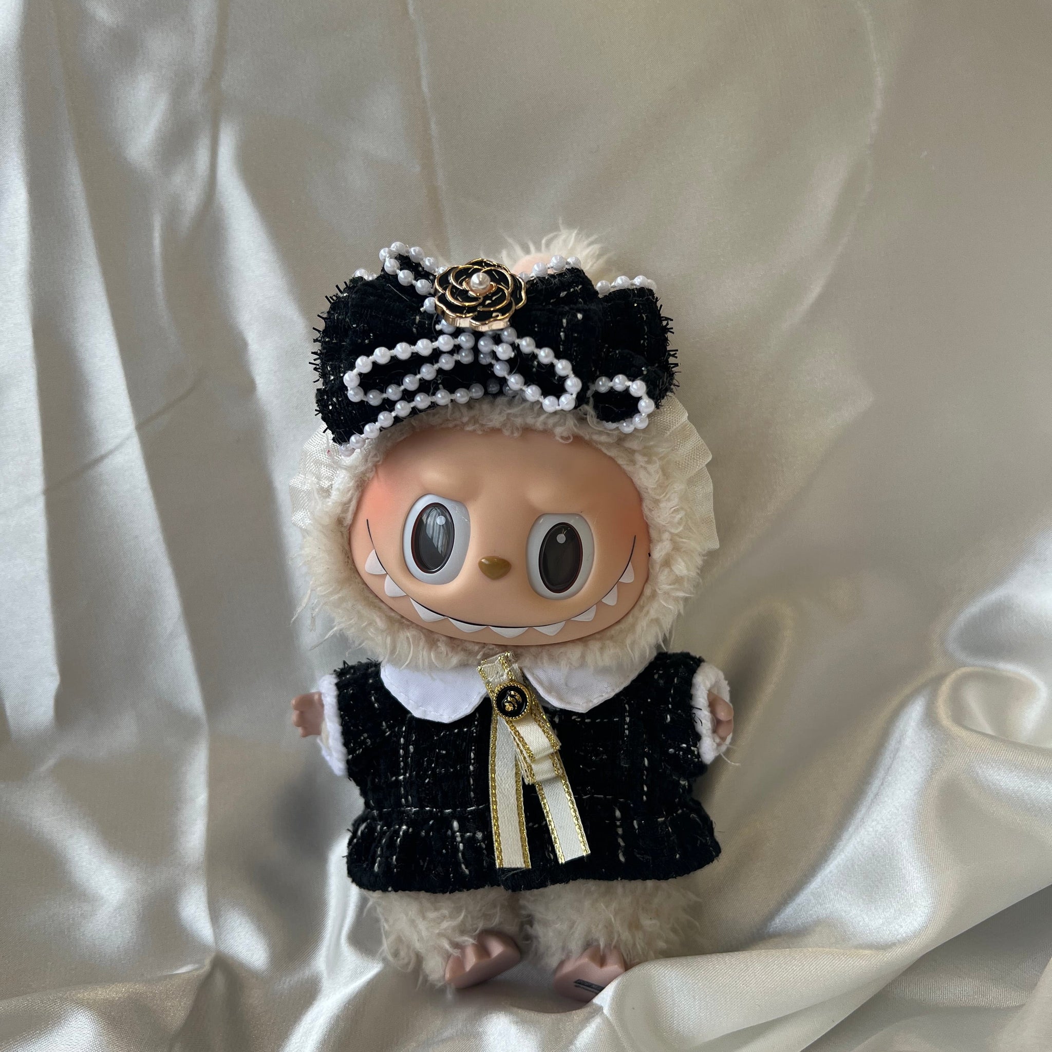 Labubu Tweed Elegance Set - Black Pearl Bow & Gold Brooch Detail