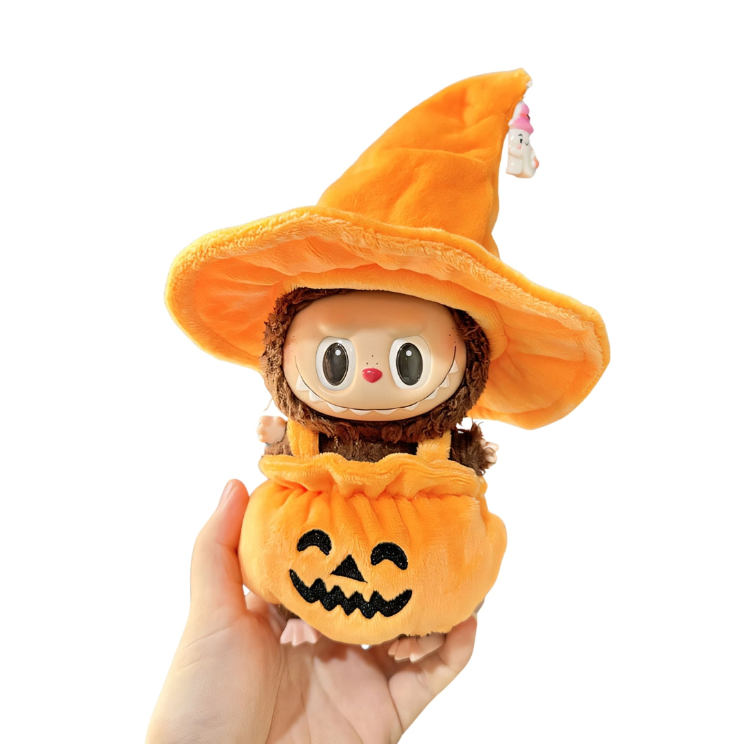 Labubu Doll Clothes Halloween Pumpkin Outfit with Witch Hat Plush Costume Set