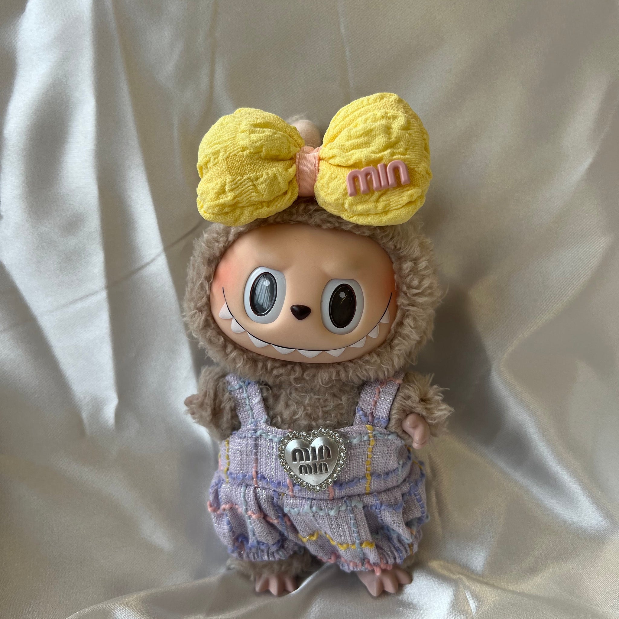 Labubu Lavender Tweed Set - Purple Overalls & Yellow Bow Accessory