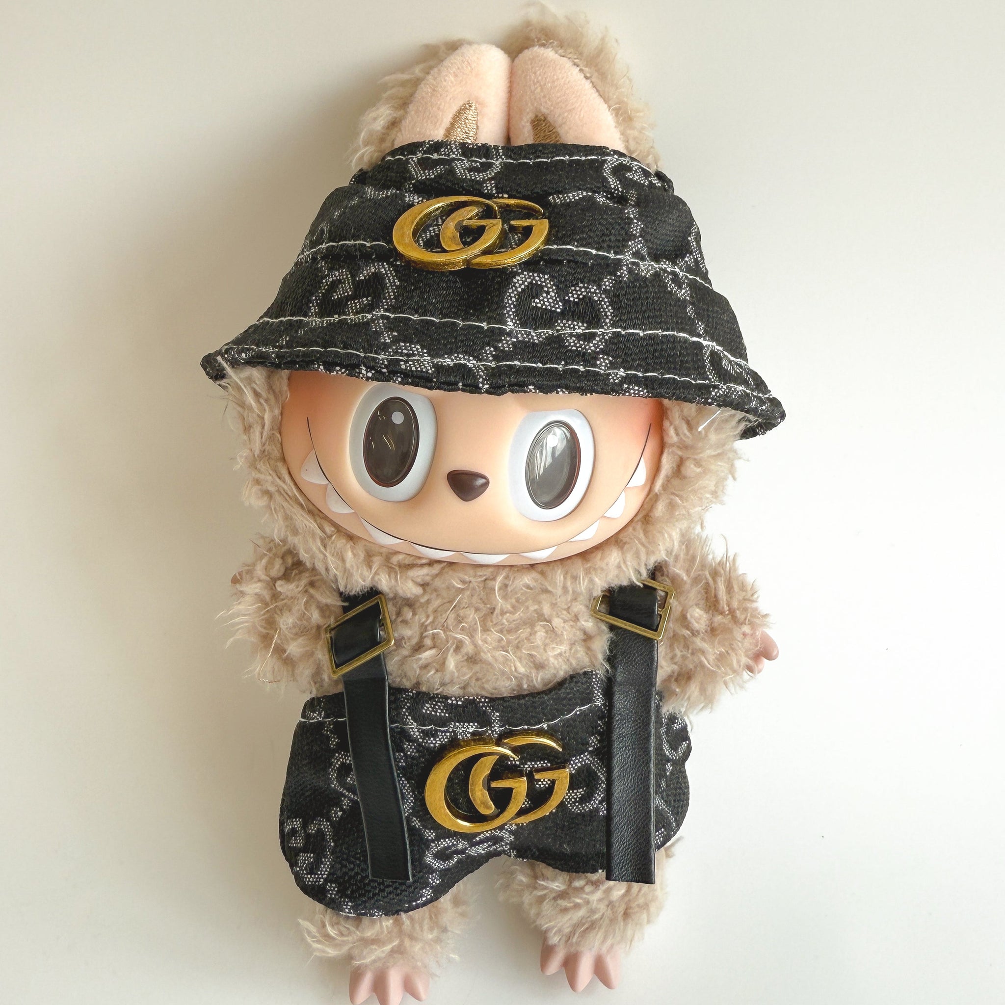 Labubu Black Monogram Bucket Hat & Overalls Set - GG Inspired