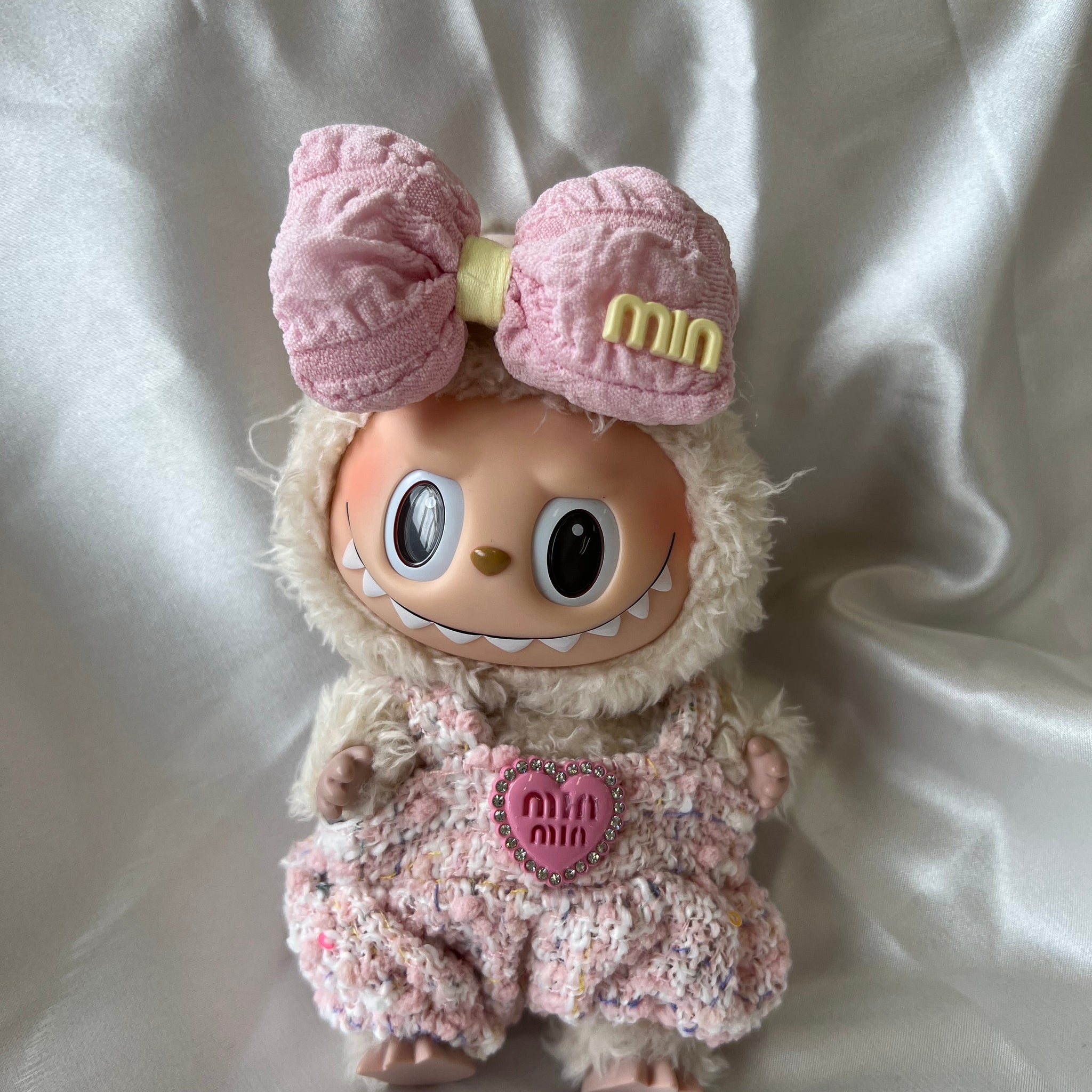 Labubu Sweet Tweed Set - Pink Overalls & Matching Bow Accessory
