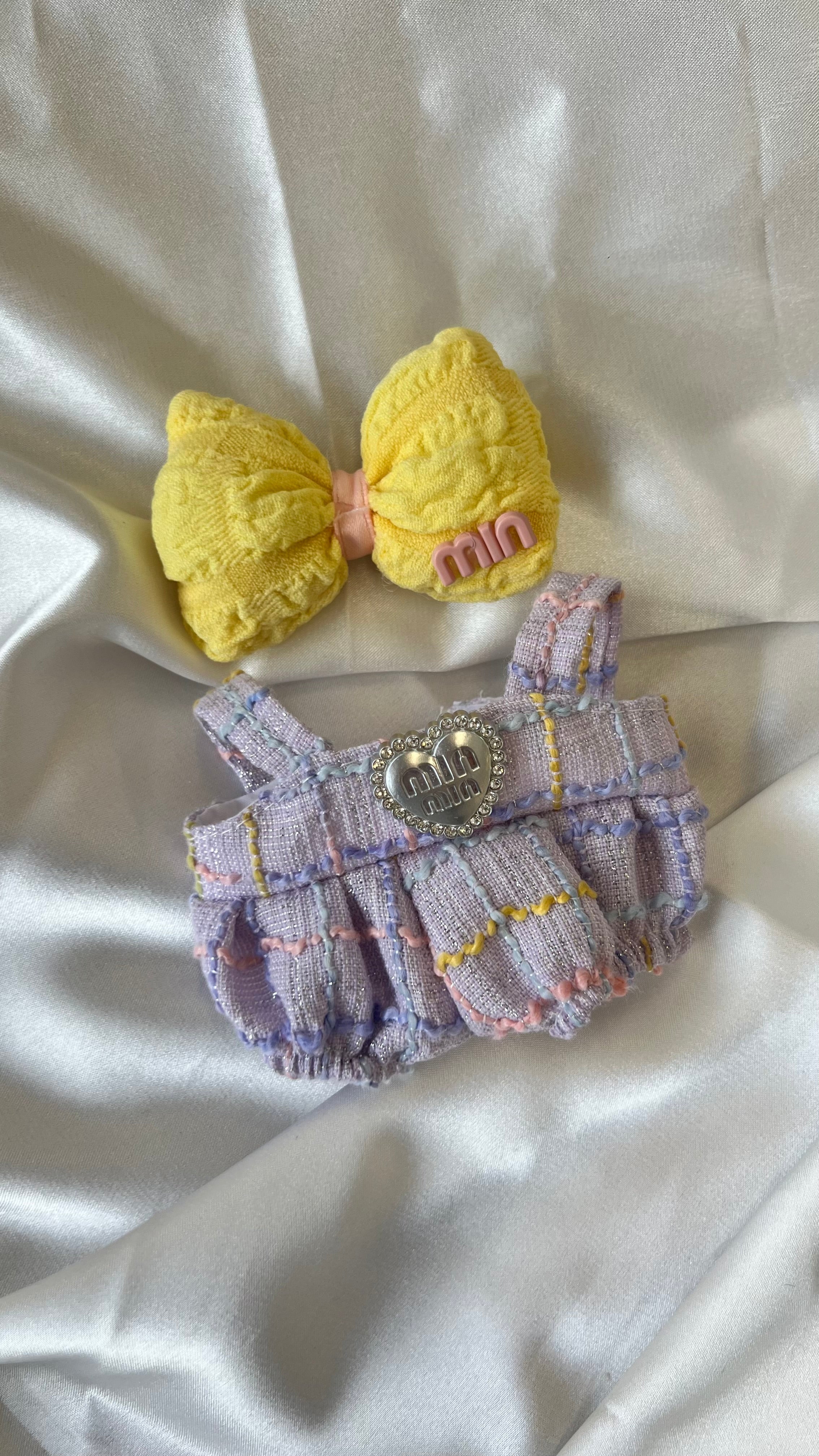Labubu Lavender Tweed Set - Purple Overalls & Yellow Bow Accessory