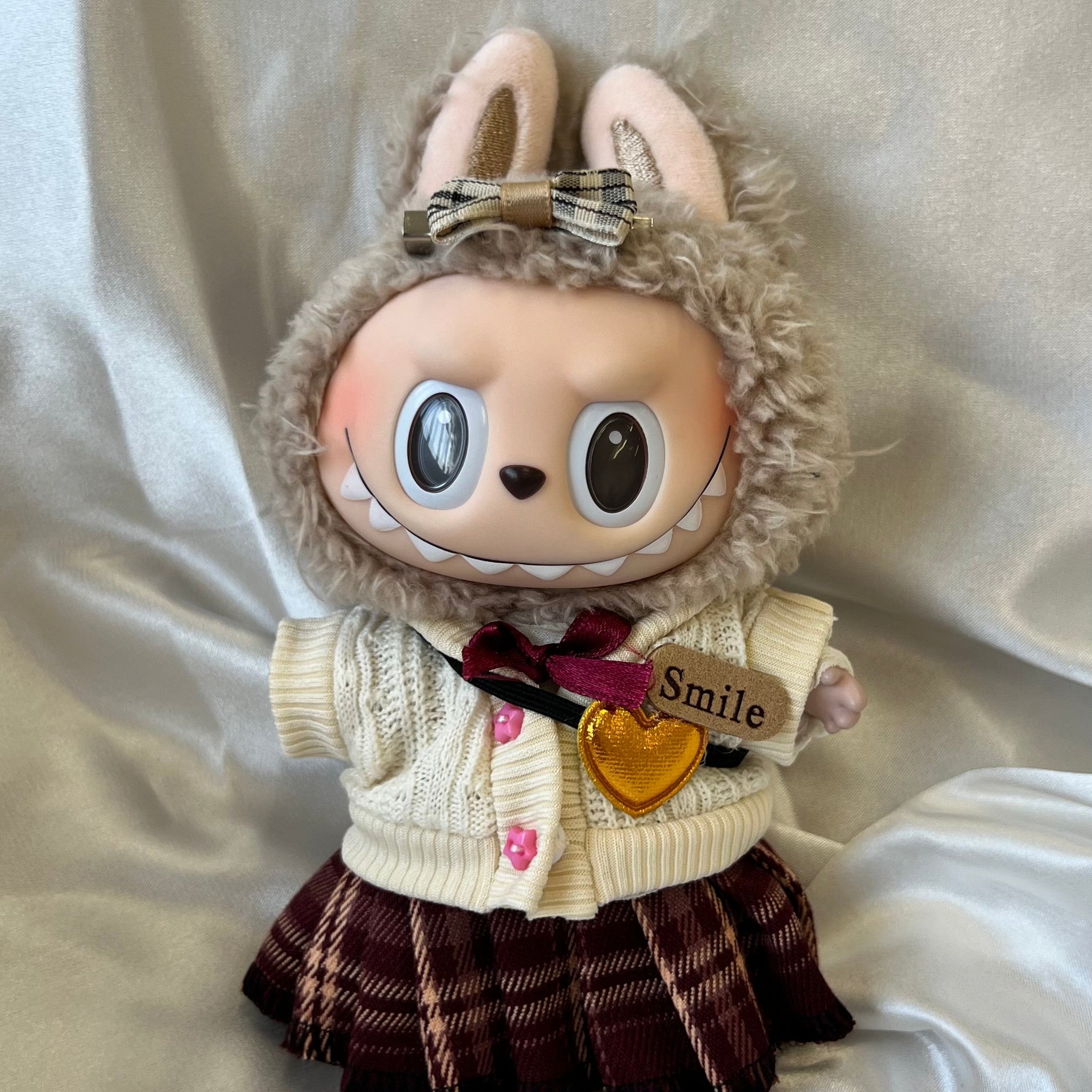Labubu School Preppy Set - Cream Knit Cardigan & Plaid Skirt with Bow