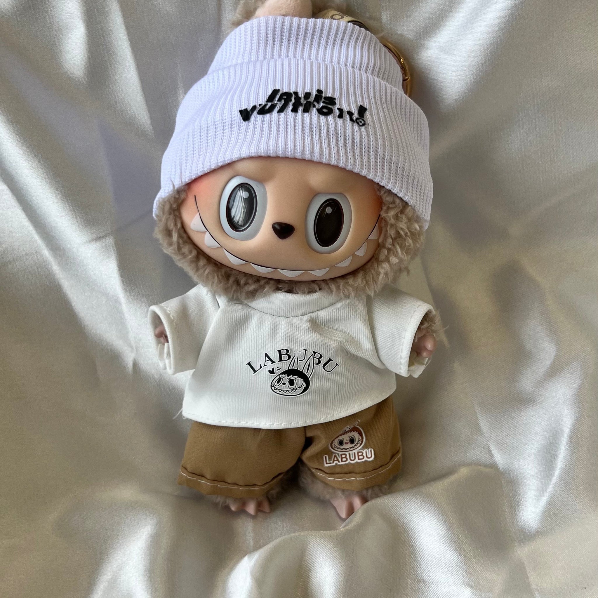 Labubu L.V. Inspired Casual Streetwear Set - White Beanie and Khaki Shorts