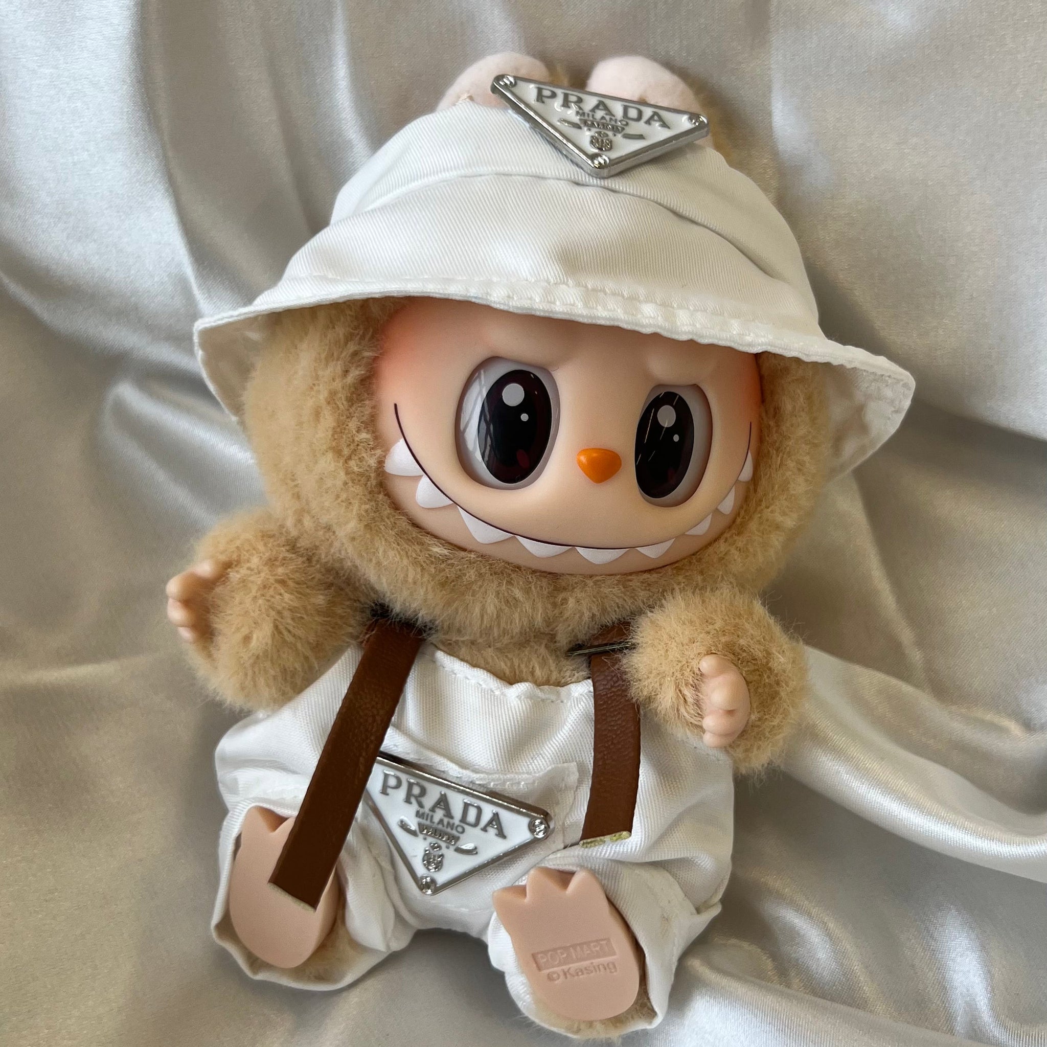 Labubu Designer-Inspired Bucket Hat and Overalls Set - White