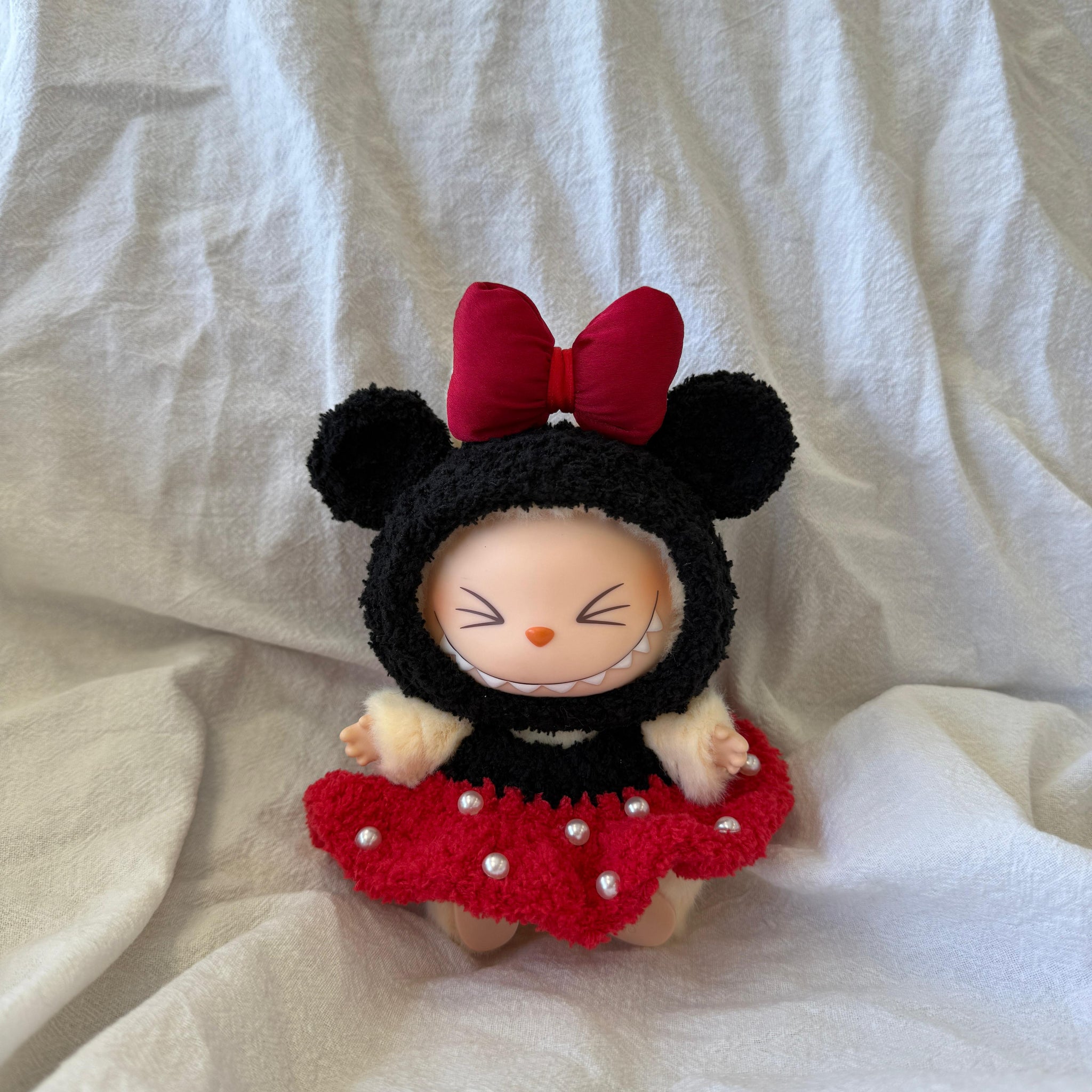 Labubu Classic Cartoon Outfit Set - Red Dress & Polka Dot Bow