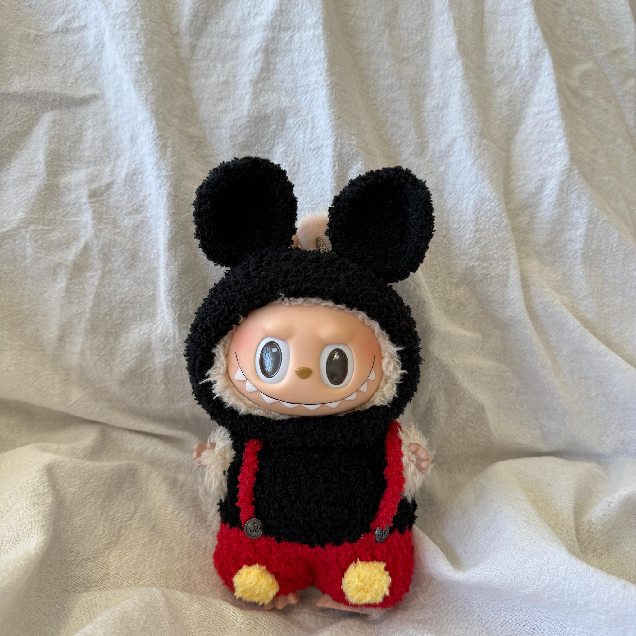 Labubu Classic Mouse Outfit Set - Black Hoodie & Red Overalls
