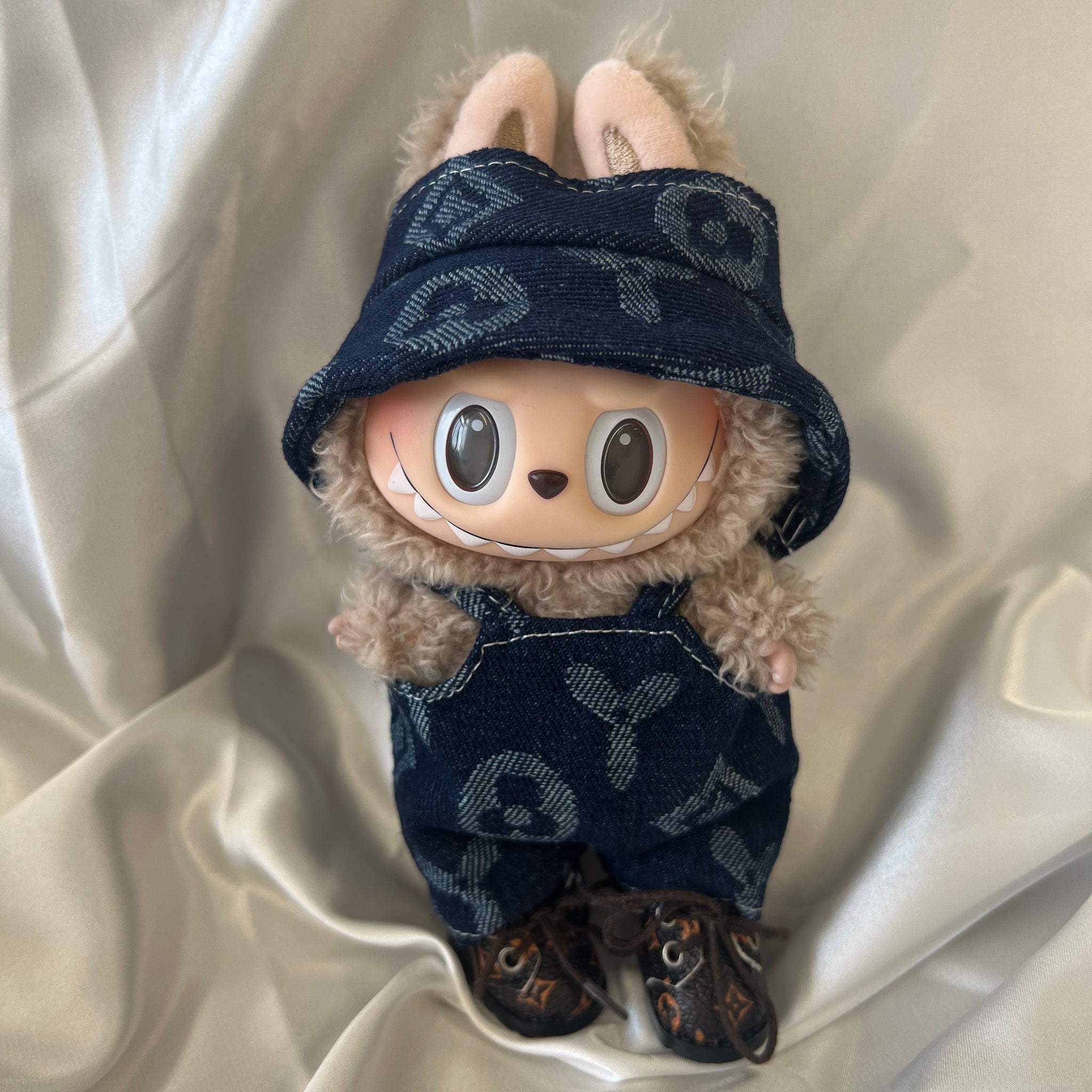Labubu L.V. Inspired Navy Monogram Denim Set - Overalls & Fisherman Hat