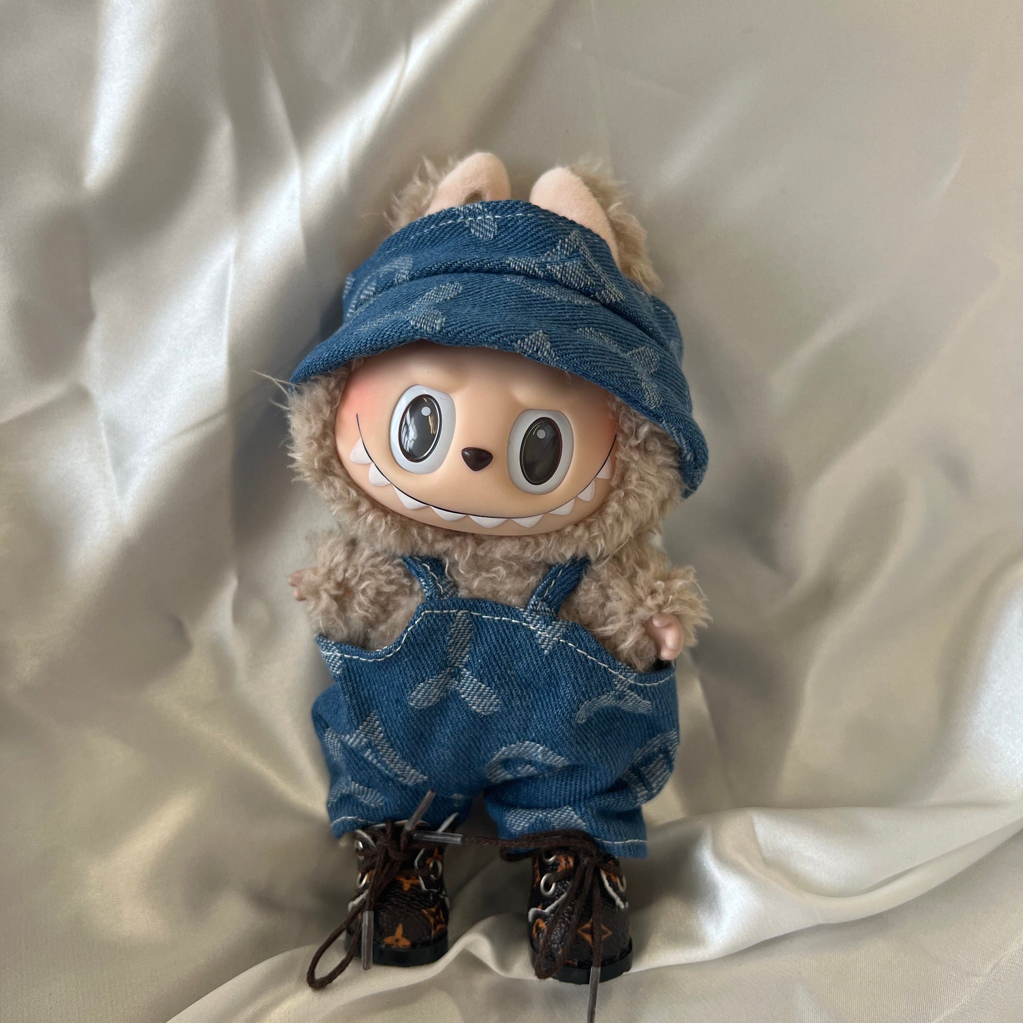 Labubu L.V. Inspired Blue Monogram Denim Set - Overalls & Bucket Hat