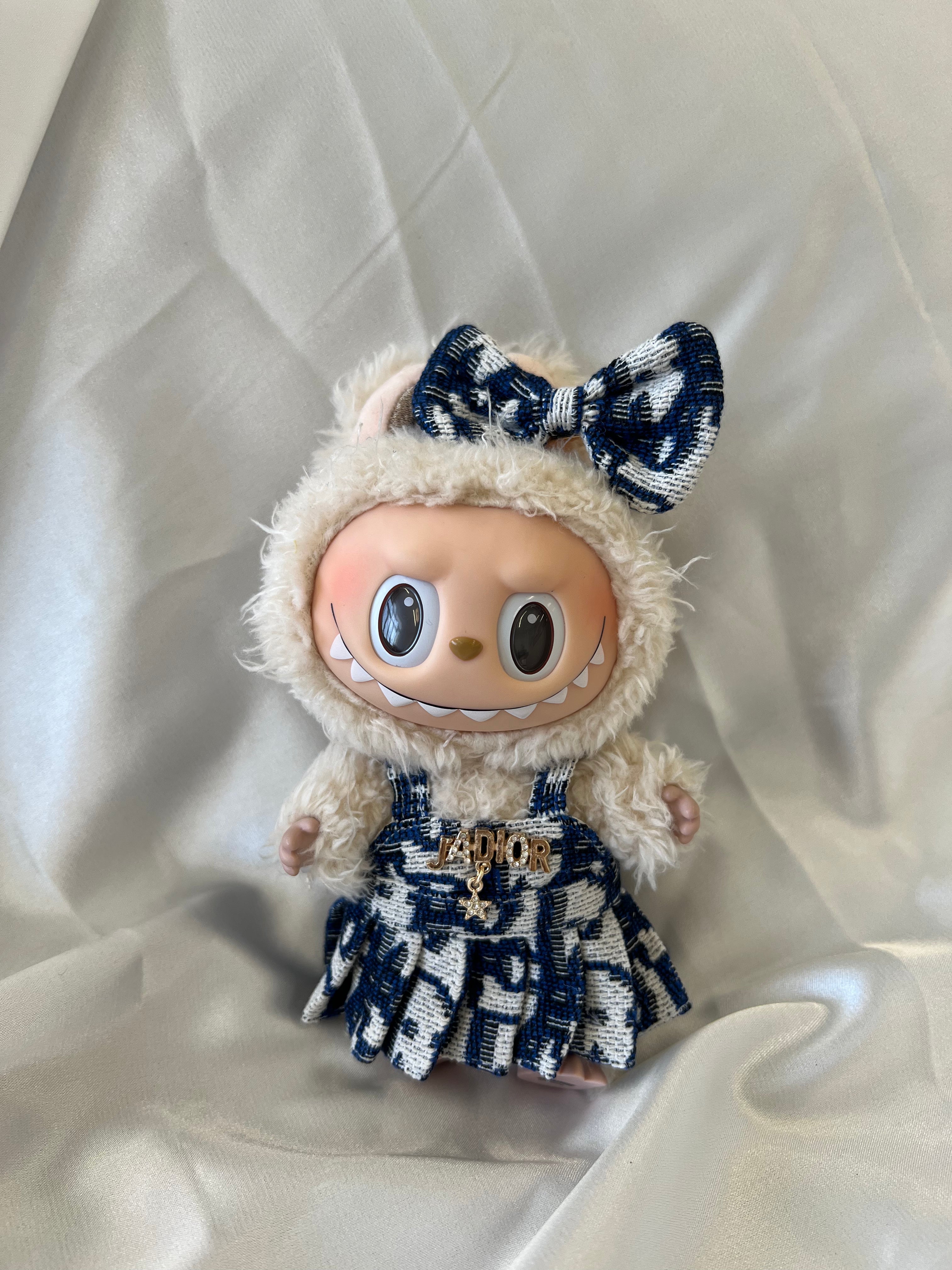Labubu CD Inspired Navy & White Tweed Dress Set with Bow