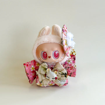 Labubu Kimono Set – Pink Cherry Blossom with Fox Mask Bow