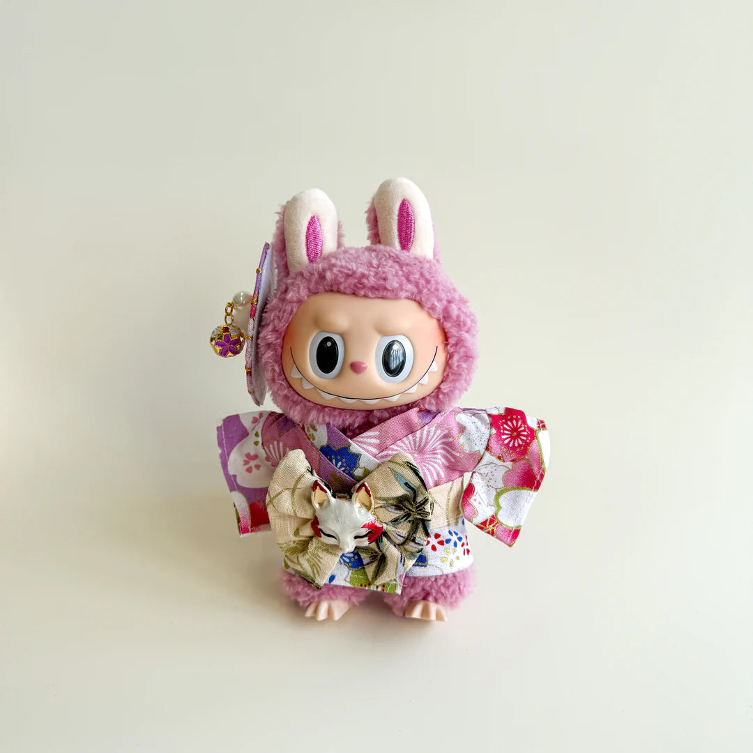 Labubu Kimono Set – Purple Floral with Fox Mask Bow