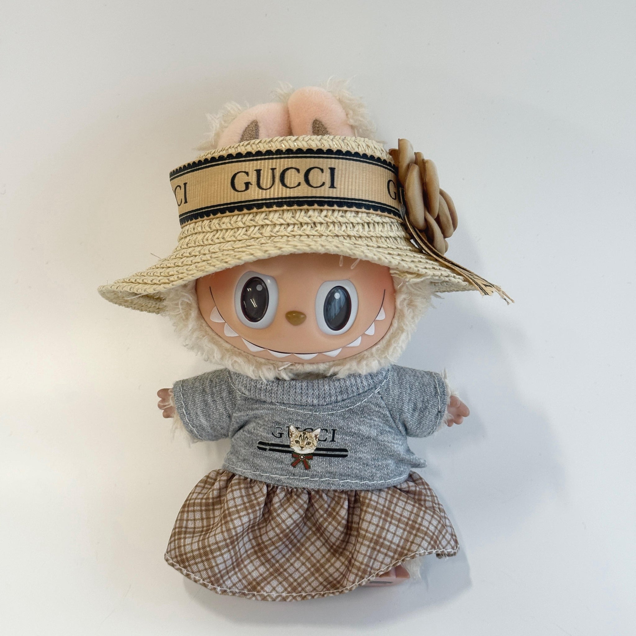 Labubu GG Inspired Straw Hat & Sweater Set with Plaid Skirt