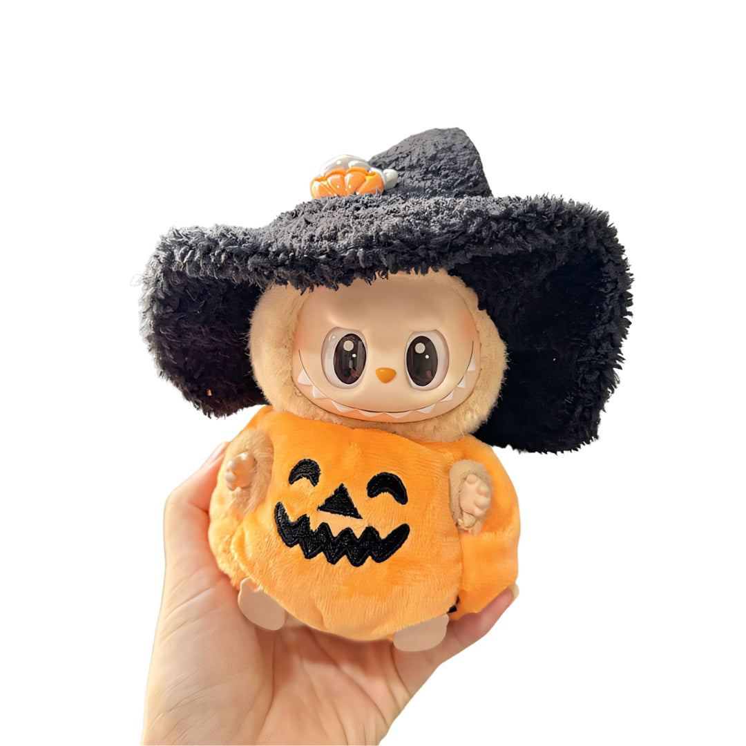 Labubu Doll Clothes Halloween Pumpkin Outfit with Witch Hat Plush Costume Set